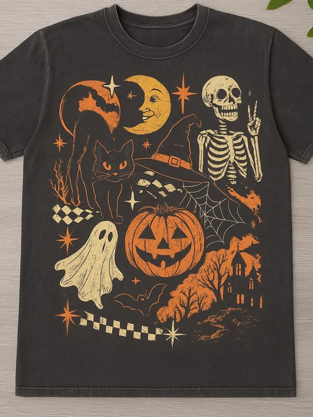 Vintage Halloween Black Cat Ghost Skeleton Pumpkin Graphic Tee